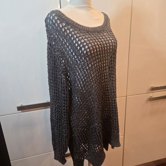 Crochet Macrame Metallic Off The Shoulder Oversized Sweater Gray Large - Picture 2 of 9